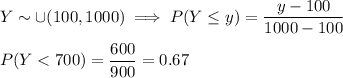Y \sim \cup (100,1000) \implies P(Y \le y ) = \dfrac{y - 100}{1000-100} \\ \\ P(Y < 700) = \dfrac{600}{900} = 0.67