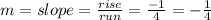 m=slope=\frac{rise}{run}=\frac{-1}{4}=-\frac{1}{4}