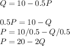 Q = 10 - 0.5P \\\\0.5P = 10 - Q\\P = 10/0.5 - Q/0.5 \\P = 20 - 2Q