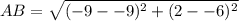 AB = \sqrt{(-9 - -9)^2 + (2 - -6)^2