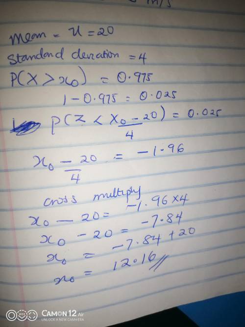 Suppose X is normally distributed with mean 20 and standard deviation 4, find the value x0 such that