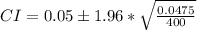 CI = 0.05 \± 1.96 * \sqrt{\frac{0.0475}{400}}