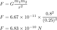 F=G\dfrac{m_1m_2}{r^2}\\\\F=6.67\times 10^{-11}\times \dfrac{0.8^2}{(0.25)^2}\\\\F=6.83\times 10^{-10}\ N