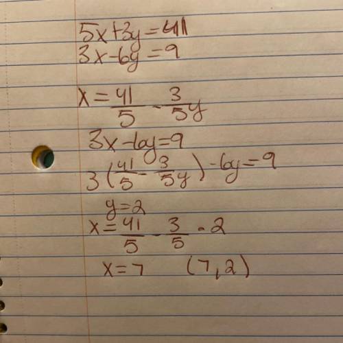 Solve the system using linear combination. Show all work.
5x + 3y = 41
3х - 6y = 9
