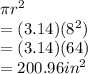 \pi {r}^{2} \\  = (3.14) ({8}^{2} ) \\   = (3.14)(64) \\  = 200.96 {in}^{2}