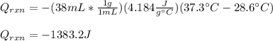 Q_{rxn}=-(38mL*\frac{1g}{1mL} )(4.184\frac{J}{g\°C}) (37.3\°C-28.6\°C)\\\\Q_{rxn}=-1383.2J