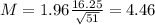 M = 1.96\frac{16.25}{\sqrt{51}} = 4.46
