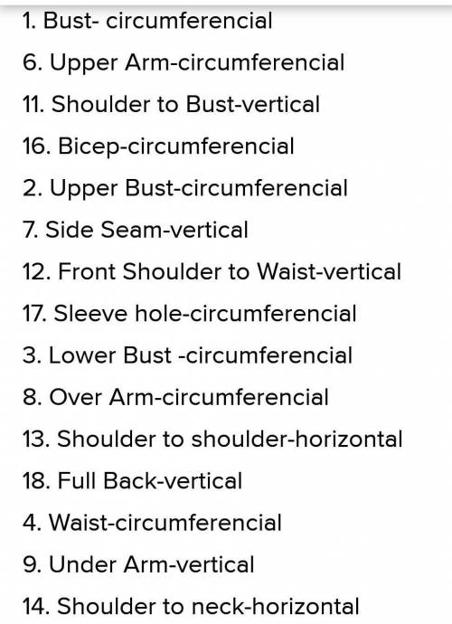 Identify whether the following are vertical measurement horizontal measurement or circumferential me
