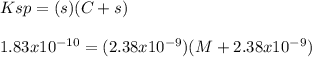 Ksp=(s)(C+s)\\\\1.83x10^{-10}=(2.38x10^{-9})(M+2.38x10^{-9})