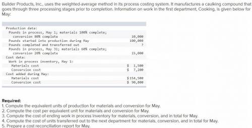 Builder Products, Inc., uses the weighted-average method in its process costing system. It manufactu