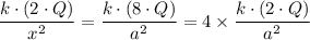 \dfrac{k \cdot (2 \cdot Q)}{x^2} =   \dfrac{k \cdot (8 \cdot Q)}{a^2} = 4 \times  \dfrac{k \cdot (2 \cdot Q)}{a^2}