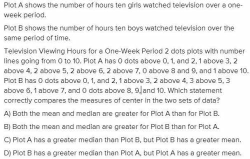 Plot A shows the number of hours ten girls watched television over a one-week period. Plot B shows t