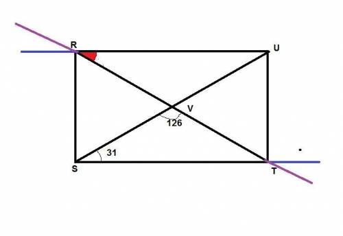 Quadrilateral RSTU, diagonals SU and RT intersect at point V. RSTU is a parallelogram. If m∠TSV = 31