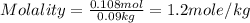Molality=\frac{0.108mol}{0.09kg}=1.2mole/kg