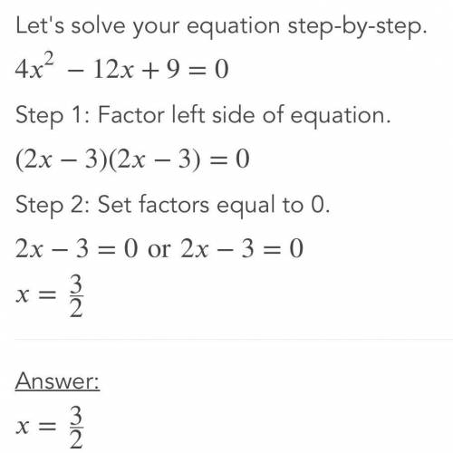 Rewrite the equation by completing the square.
4x2 – 12x + 9 = 0