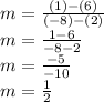 m = \frac{(1)-(6)}{(-8)-(2)} \\m = \frac{1-6}{-8-2} \\m = \frac{-5}{-10} \\m = \frac{1}{2}