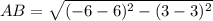 AB=\sqrt{(-6-6)^2-(3-3)^2}