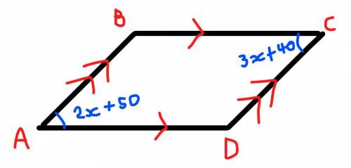 In the parallelogram ABCD, M angle A =2x +50 and m angle C= 3x + 40. The measure of ZA is