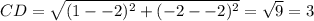 CD = \sqrt{(1 - -2)^2 + (-2 -- 2)^2} = \sqrt{9} = 3