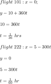 flight\ 101: x=0;\\\\y-10 +360 t\\\\10=360 t\\\\t=\frac{1}{36} \ hrs\\\\flight\ 222:  x=5-300t\\\\ y=0\\\\5=300 t\\\\t=\frac{1}{60} \ hr\\\\