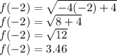 f(-2)=\sqrt{-4(-2)+4}\\f(-2)=\sqrt{8+4}\\f(-2)=\sqrt{12} \\f(-2)= 3.46