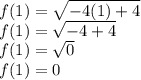 f(1)=\sqrt{-4(1)+4}\\f(1)= \sqrt{-4+4} \\f(1)=\sqrt{0} \\f(1)= 0