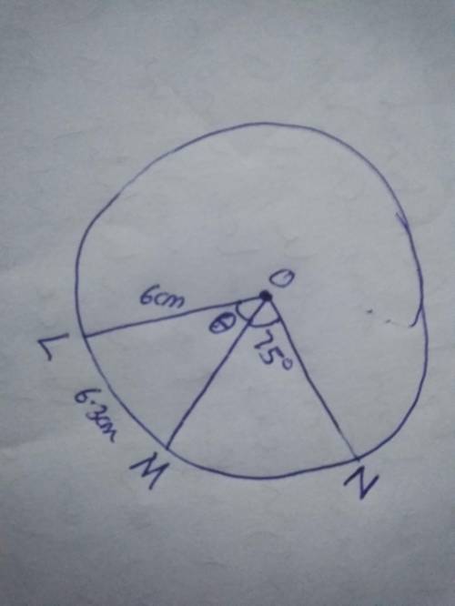 In circle O, the length of radius OL is 6 cm and the length of arc LM is 6.3 cm. The measure of angl