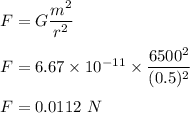 F=G\dfrac{m^2}{r^2}\\\\F=6.67\times 10^{-11}\times \dfrac{6500^2}{(0.5)^2}\\\\F=0.0112\ N