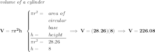 \bf \textit{volume of a cylinder}\\\\ V=\pi r^2 h~~ \begin{cases} \pi r^2=&area~of\\ &circular\\ &base\\ h=&height\\ \cline{1-2} \pi r^2=&28.26\\ h=&8 \end{cases}\implies V=(28.26)(8)\implies V=226.08