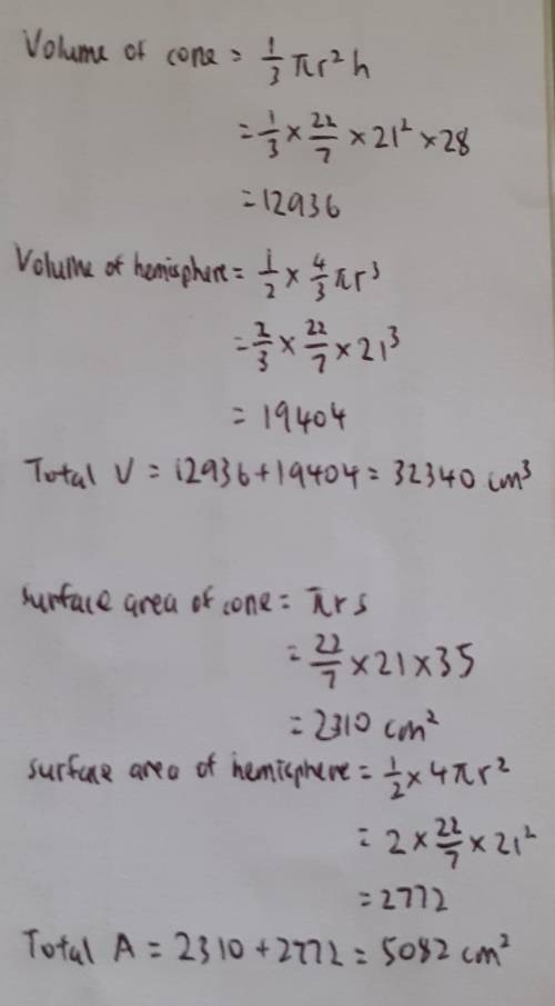 Find the volume and surface area of the following solid. take pi to be 22/7. ​