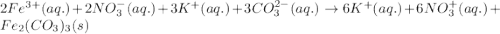 2Fe^{3+}(aq.)+2NO_3^-(aq.)+3K^+(aq.)+3CO_3^{2-}(aq.)\rightarrow 6K^+(aq.)+6NO_3^+(aq.)+Fe_2(CO_3)_3(s)