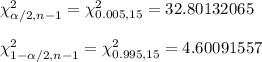 \chi^2_{\alpha/2, n-1}=\chi^2_{0.005, 15}=32.80132065\\\\\chi^2_{1-\alpha/2, n-1}=\chi^2_{0.995, 15}=4.60091557