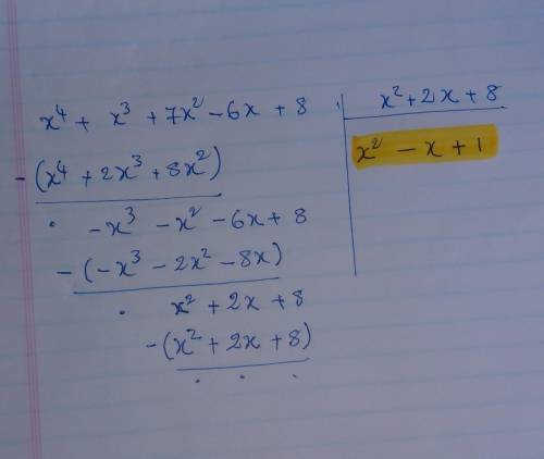 Consider the following division of polynomials. x⁴+x³+7x²-6x+8/x²+2x+8 a) use long division to deter