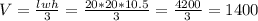 V = \frac{lwh}{3} = \frac{20*20*10.5}{3} = \frac{4200}{3} = 1400