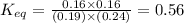 K_{eq}=\frac{0.16\times 0.16}{(0.19)\times (0.24)}=0.56