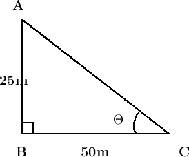 \setlength{\unitlength}{1cm}\begin{picture}(6,5)\linethickness{.4mm}\put(1,1){\line(1,0){4.5}}\put(1,1){\line(0,1){3.5}}\qbezier(1,4.5)(1,4.5)(5.5,1)\put(.3,2.5){\large\bf 25m}\put(2.8,.3){\large\bf 50m}\put(1.02,1.02){\framebox(0.3,0.3)}\put(.7,4.8){\large\bf A}\put(.8,.3){\large\bf B}\put(5.8,.3){\large\bf C}\qbezier(4.5,1)(4.3,1.25)(4.6,1.7)\put(3.8,1.3){\large\bf $\Theta$}\end{picture}