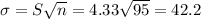 \sigma = S\sqrt{n} = 4.33\sqrt{95} = 42.2