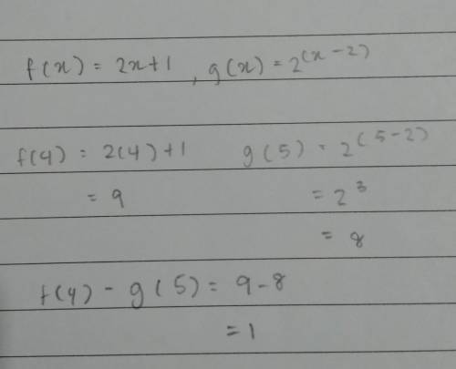 Given f(x) = 2x + 1 and g(x) = 2 ^ (x - 2) What is f(4) - g(5)