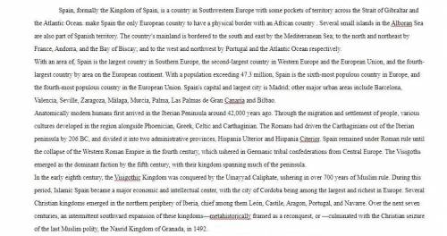 Can someone please write a summary about Spain for me? It has to be at least two paragraphs long. It