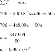 \sum F_x = ma_x \\ \\ 796 - 50(9.81) sin 66=50a \\ \\ 796 - 448.094 = 50 a  \\ \\ a = \dfrac{347.906}{50} \\ \\ a  = 6.96 \ m/s^2