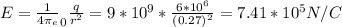 E=\frac{1}{4\pi _{e} }_{0} \frac{q}{r^{2} } =9*10^9*\frac{6 \a* *10^6}{(0.27)^2} =7.41*10^5 N/C