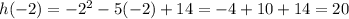 h(-2) = -2^2 -5(-2) + 14 = -4 + 10 + 14 = 20