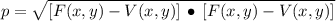 p = \sqrt{[F(x,y)-V(x,y)]\,\bullet \,[F(x,y)-V(x,y)]}