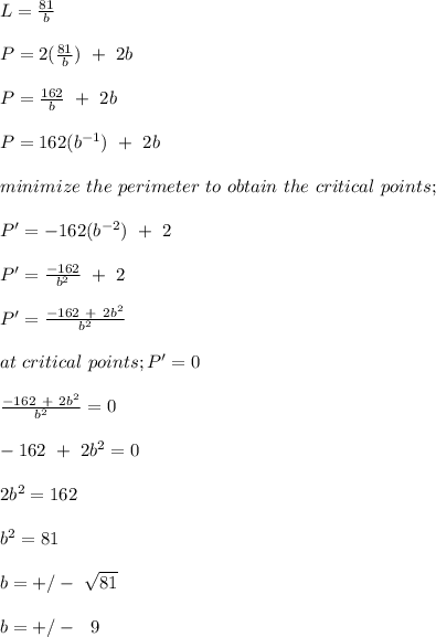 L = \frac{81}{b} \\\\P = 2(\frac{81}{b} ) \ + \ 2b\\\\P = \frac{162}{b}  \ + \ 2b\\\\P = 162(b^{-1}) \ + \ 2b\\\\minimize \ the \ perimeter \ to \ obtain \ the \ critical \ points;\\\\P' = -162 (b^{-2}) \ + \ 2\\\\P' = \frac{-162}{b^2}  \ + \ 2\\\\P' = \frac{-162 \ + \ 2b^2}{b^2} \\\\at \ critical \ points; P' = 0\\\\\frac{-162 \ + \ 2b^2}{b^2} = 0\\\\-162 \ + \ 2b^2 = 0\\\\2b^2 = 162\\\\b^2 = 81\\\\b = +/- \ \sqrt{81} \\\\b = +/- \ \ 9\\\\