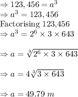 \Rightarrow 123,456=a^3\\\Rightarrow a^3=123,456\\\text{Factorising 123,456}\\\Rightarrow a^3=2^6\times 3\times 643\\\\\Rightarrow a=\sqrt[3]{2^6\times 3\times 643} \\\\\Rightarrow a=4\sqrt[3]{ 3\times 643}\\\\\Rightarrow a=49.79\ m