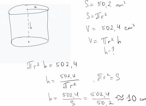 The area of the base of a cylinder is 50.2cm2. The volume of the cylinder is 502.4cm3. Determine the