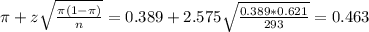 \pi + z\sqrt{\frac{\pi(1-\pi)}{n}} = 0.389 + 2.575\sqrt{\frac{0.389*0.621}{293}} = 0.463
