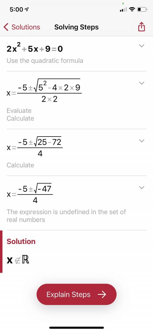 Solve using the quadratic formula: 2x^2+5x+9=0