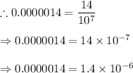 \therefore 0.0000014=\dfrac{14}{10^7}\\\\\Rightarrow 0.0000014=14\times 10^{-7}\\\\\Rightarrow 0.0000014=1.4\times 10^{-6}