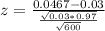 z = \frac{0.0467 - 0.03}{\frac{\sqrt{0.03*0.97}}{\sqrt{600}}}